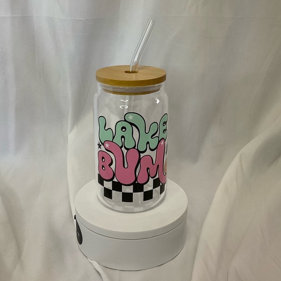 14 Ounce Handmade Clear Glass Can Cup, Bamboo Lid & Straw, Lake Bum - Picture 3 of 5